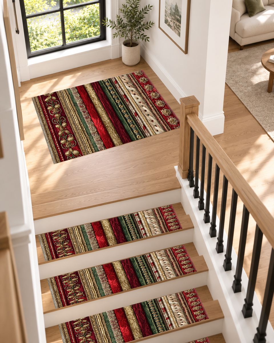 Red and Gold Ornate Striped non-slip stair mat