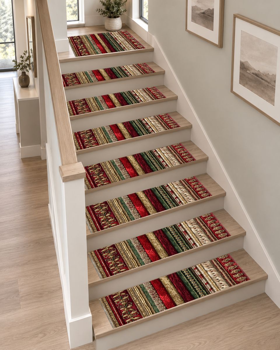Red and Gold Ornate Striped non-slip stair mat