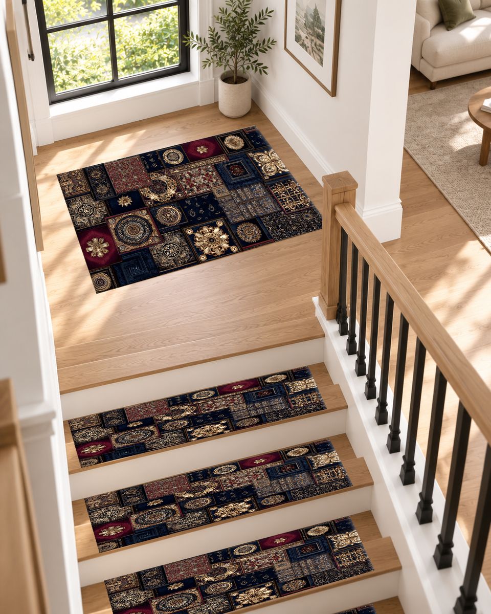 Navy and Gold Ornate Patchwork non-slip stair mat
