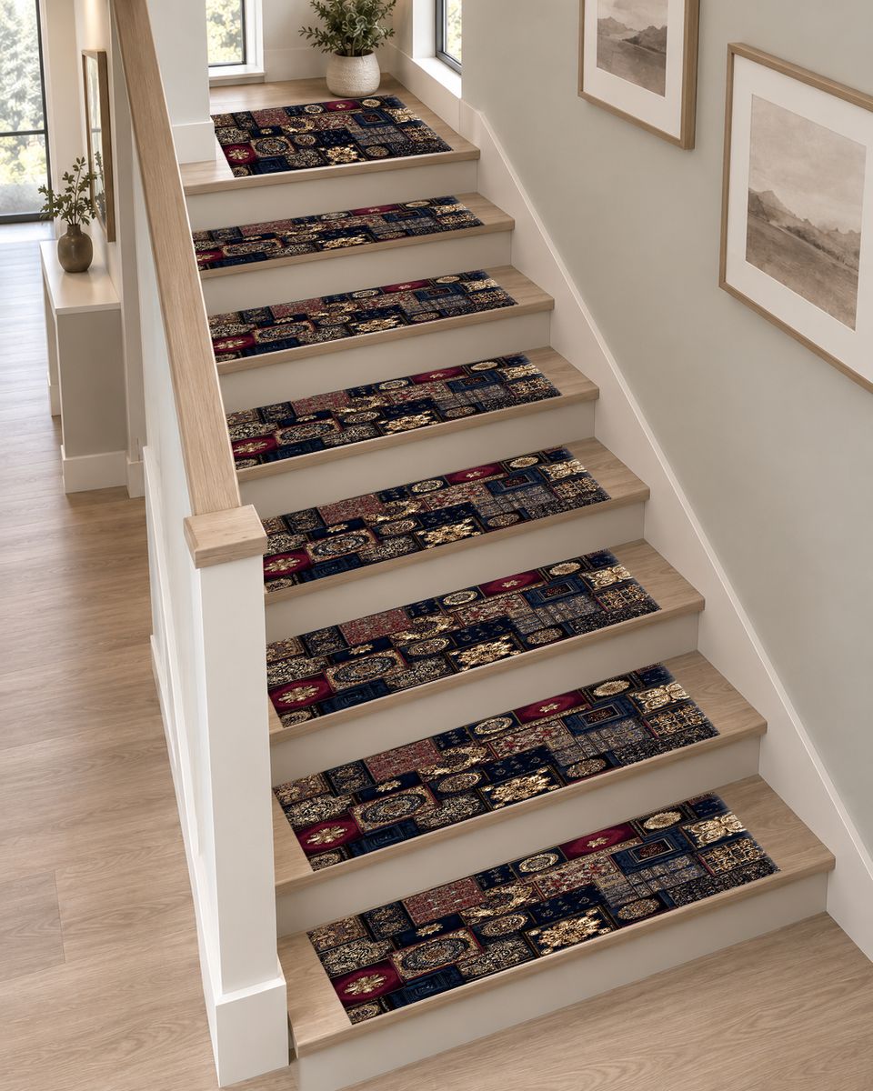 Navy and Gold Ornate Patchwork non-slip stair mat