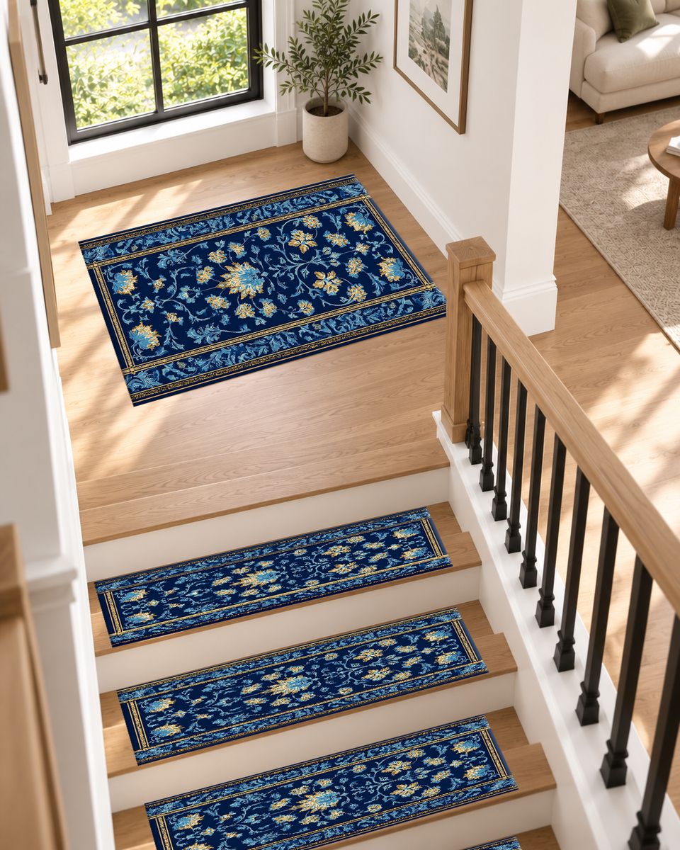 Royal Blue Floral Persian Runner non-slip stair mat