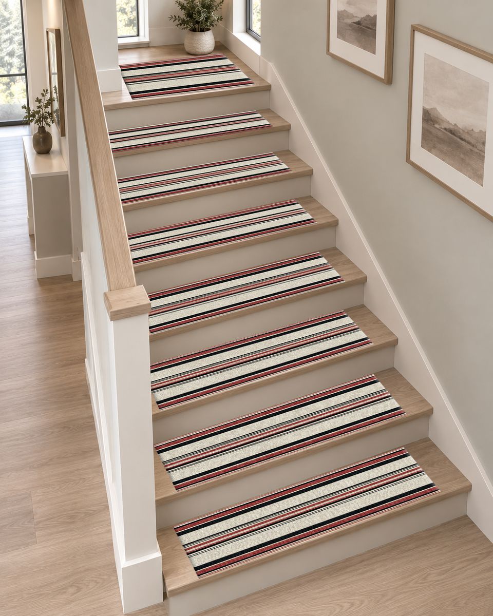 Cream Red and Black Striped non-slip stair mat