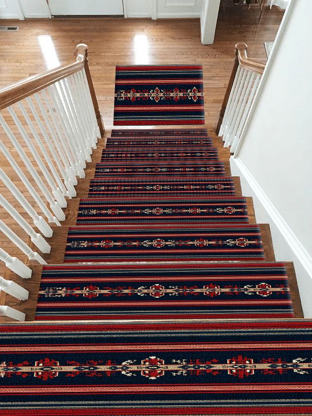 Navy and Red Striped Ethnic Runner non-slip stair mat