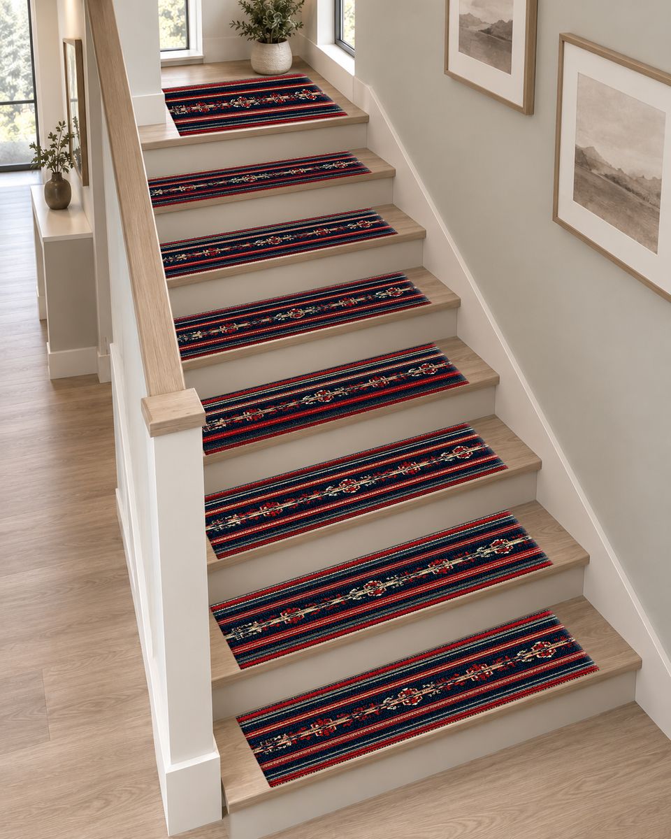 Navy and Red Striped Ethnic Runner non-slip stair mat
