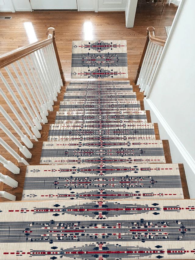Cream Navy and Red Tribal Motif non-slip stair mat