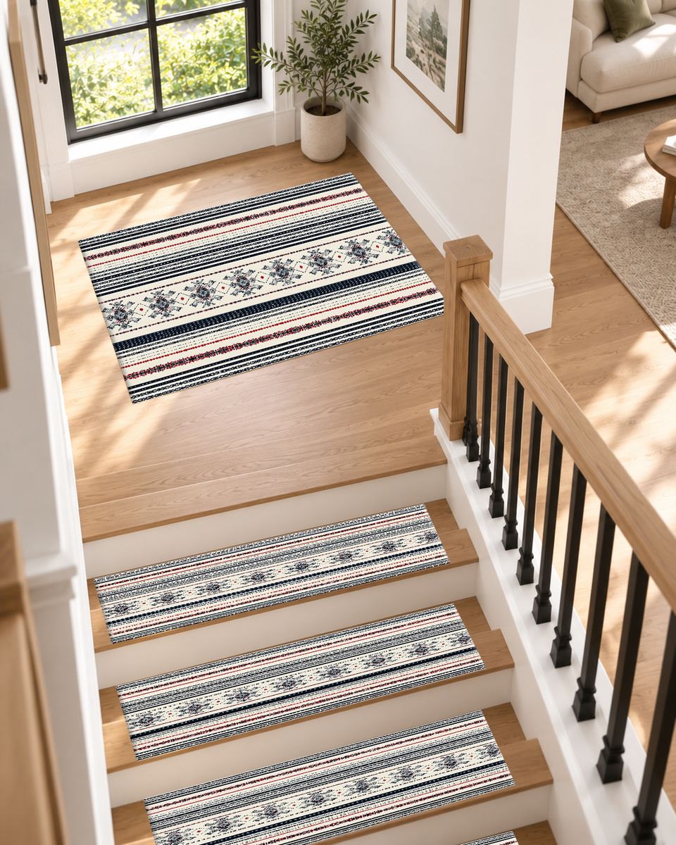 Navy and White Striped Folk non-slip stair mat