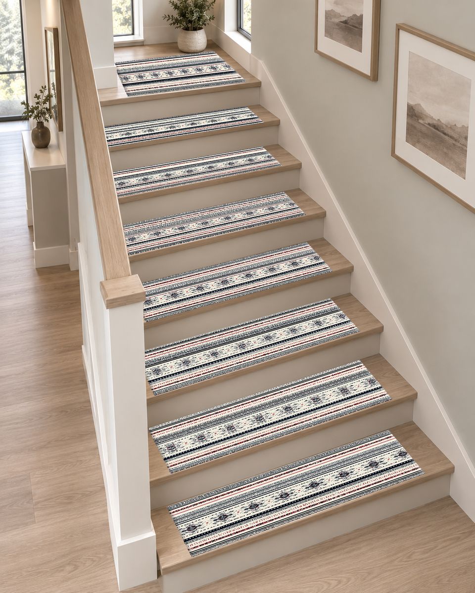 Navy and White Striped Folk non-slip stair mat