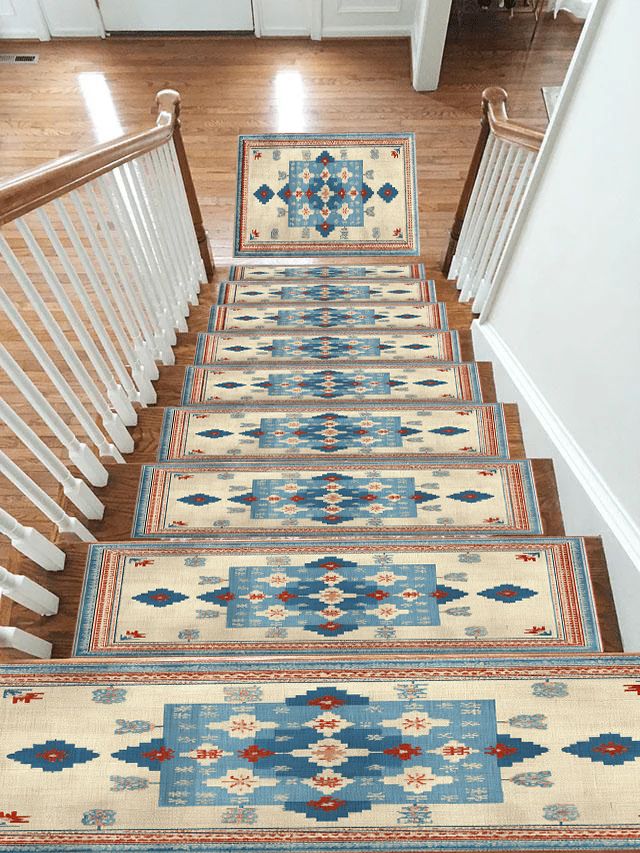 Light Blue and Cream Anatolian Kilim non-slip stair mat