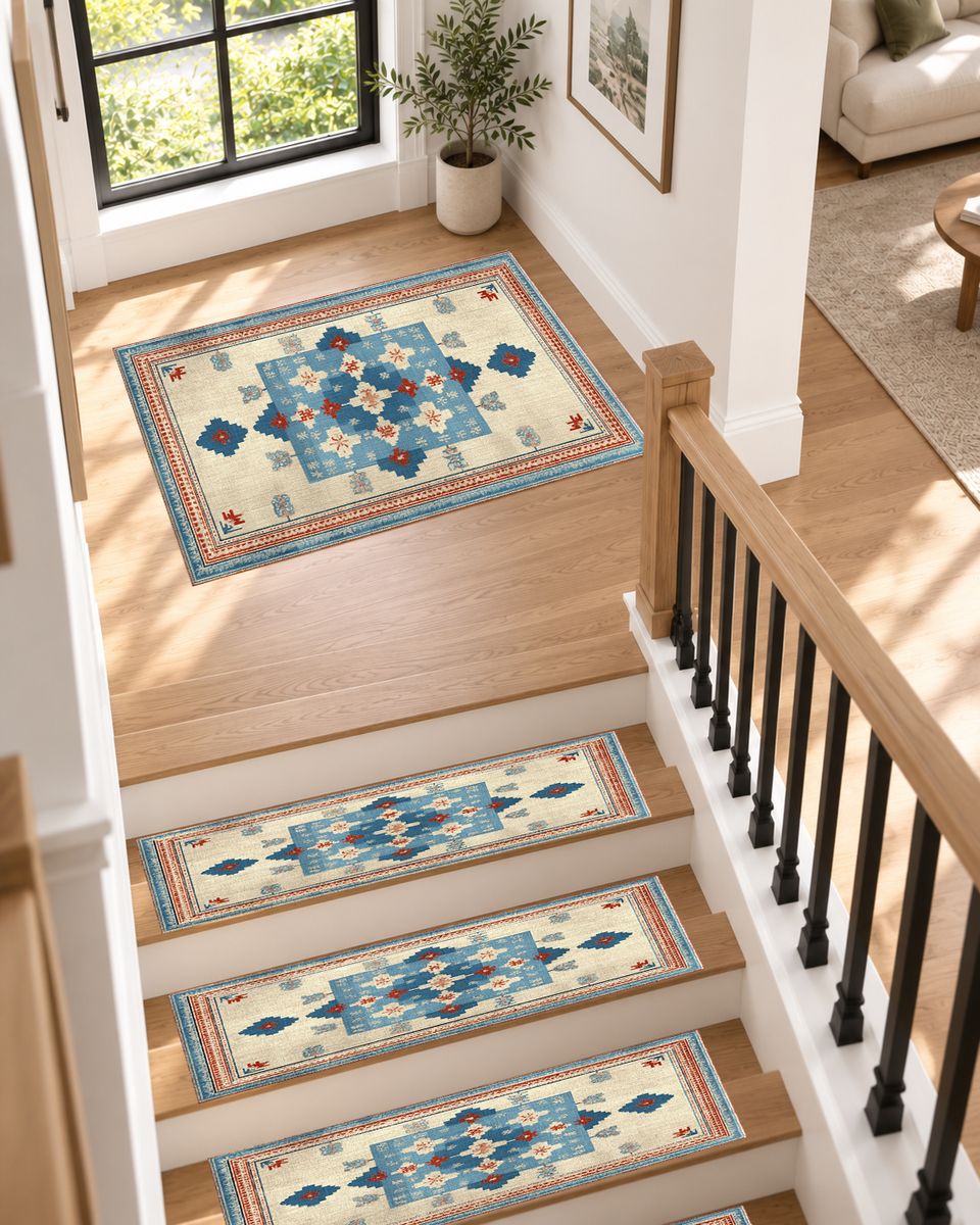 Light Blue and Cream Anatolian Kilim non-slip stair mat