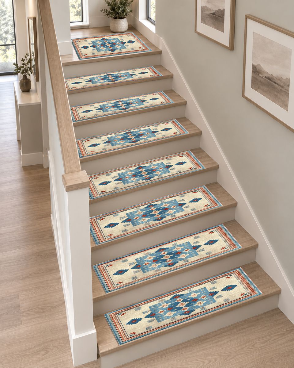 Light Blue and Cream Anatolian Kilim non-slip stair mat