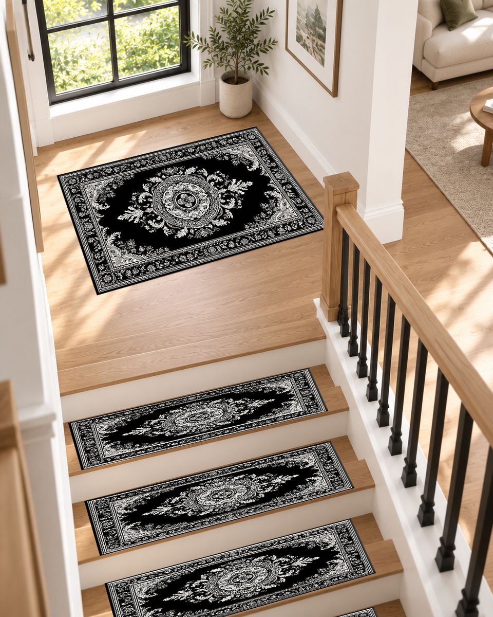 Black and White Damask Medallion non-slip stair mat