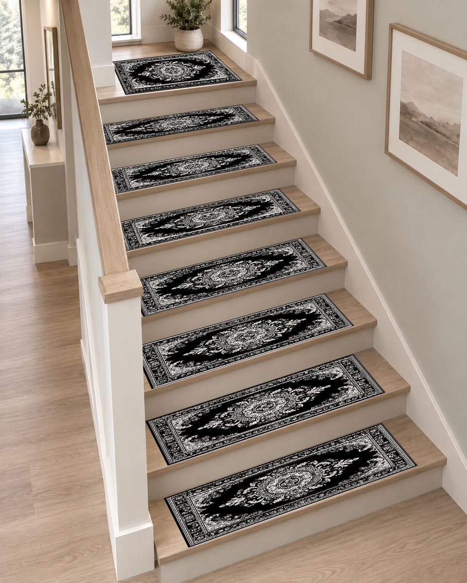 Black and White Damask Medallion non-slip stair mat