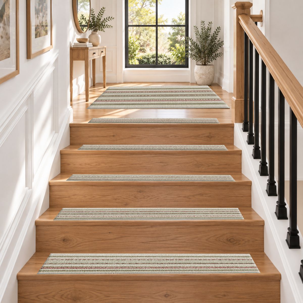 Sage and Beige Pinstripe non-slip stair mat