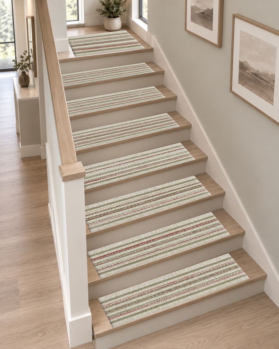 Sage and Beige Pinstripe non-slip stair mat