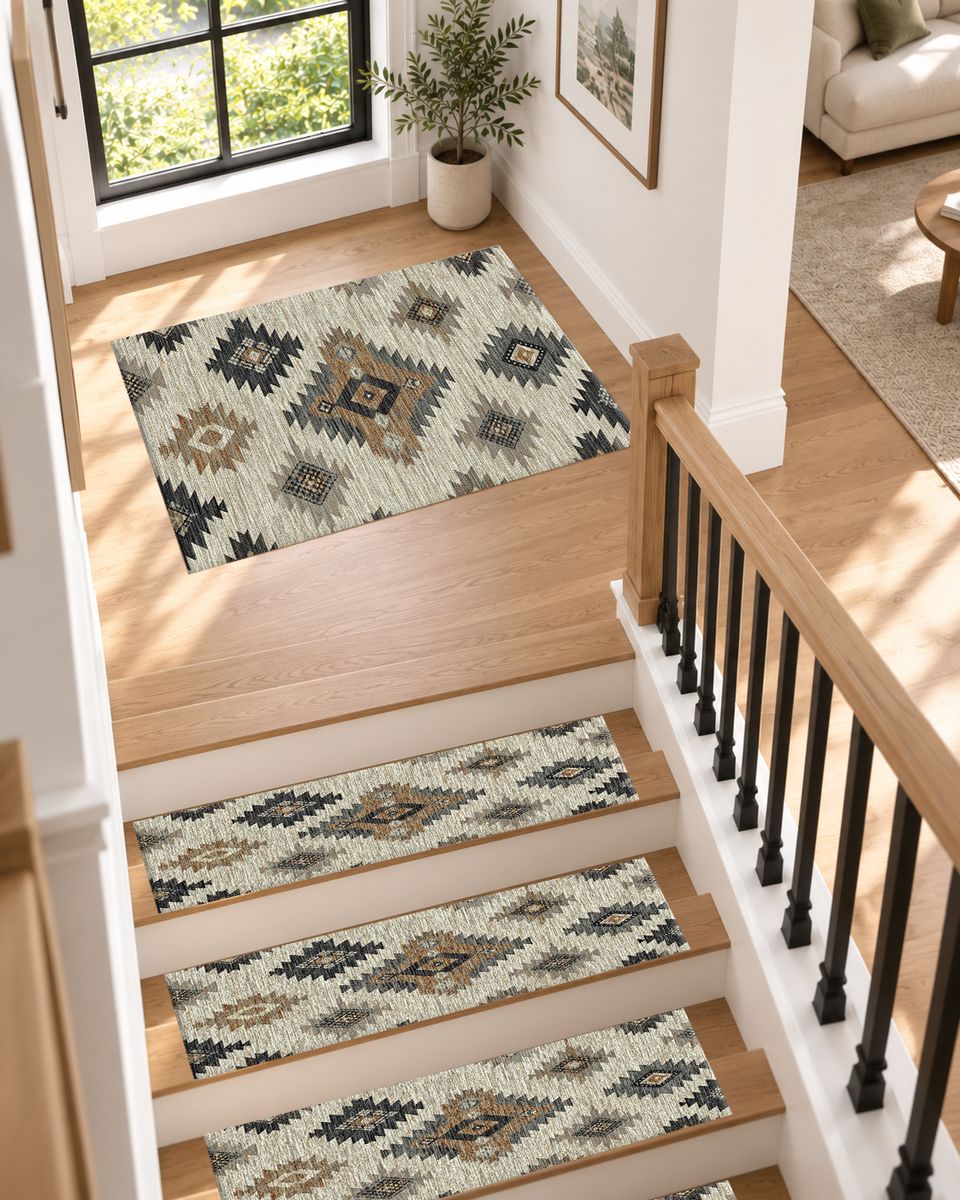 Gray and Beige Aztec Diamond non-slip stair mat