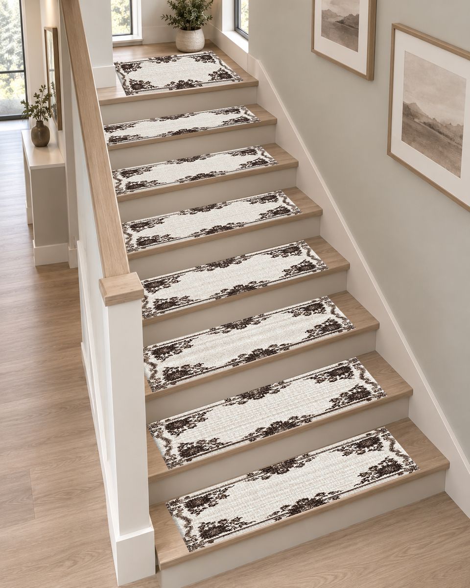 Ivory and Brown Floral Border non-slip stair mat