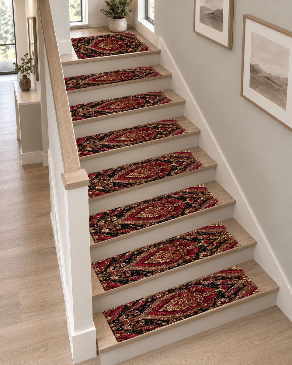 Burgundy and Gold Baroque Damask non-slip stair mat