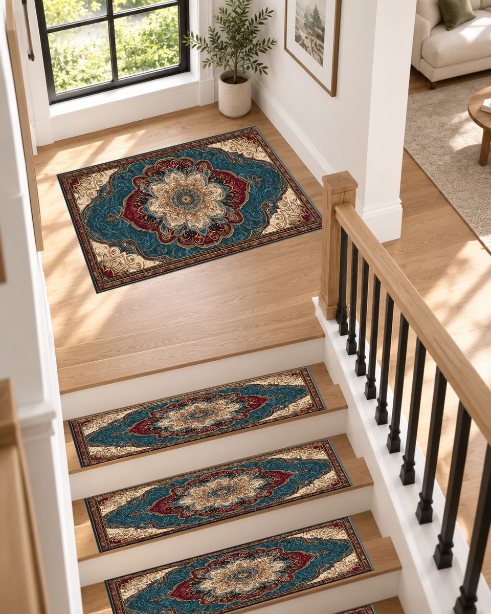 Teal and Peach Vintage Medallion non-slip stair mat