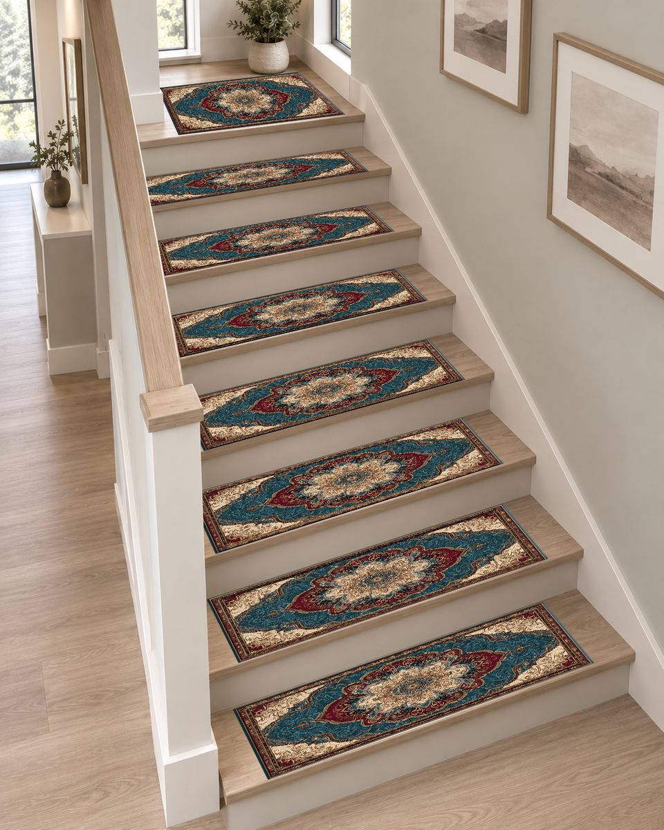 Teal and Peach Vintage Medallion non-slip stair mat