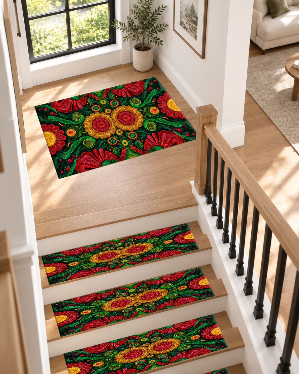 Green and Red Sunflower Folk Art non-slip stair mat