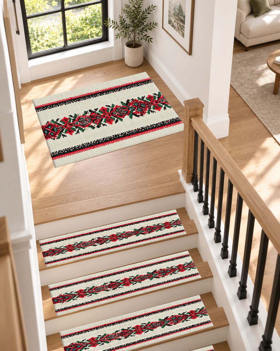 Red Cross Stitch Embroidery Runner non-slip stair mat