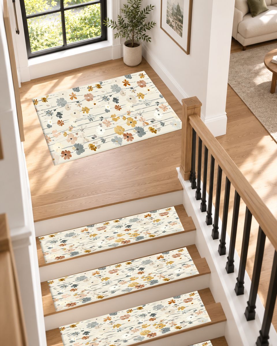 Cream Pastel Wildflower Meadow non-slip stair mat