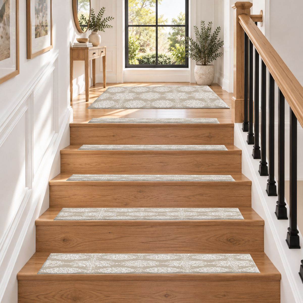 Taupe Tonal Damask non-slip stair mat
