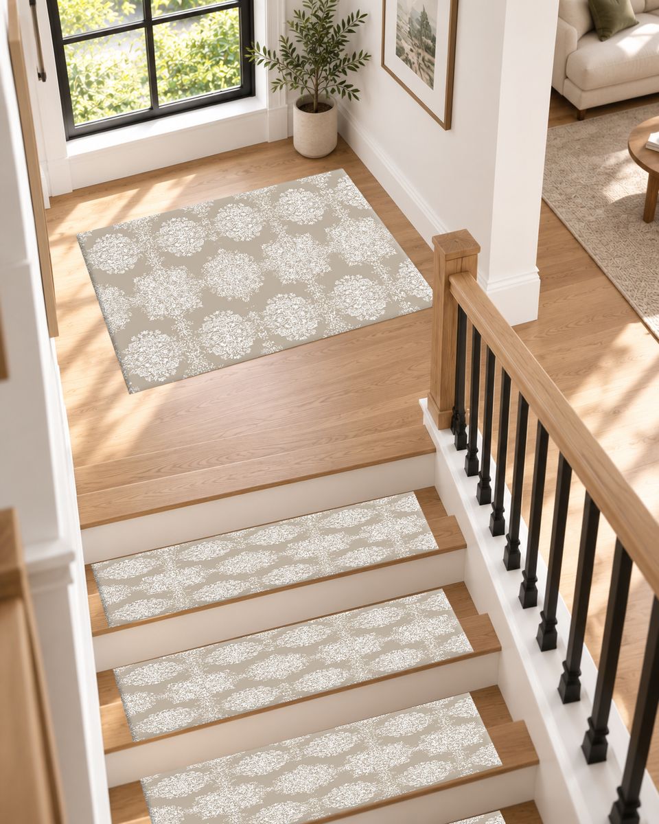 Taupe Tonal Damask non-slip stair mat