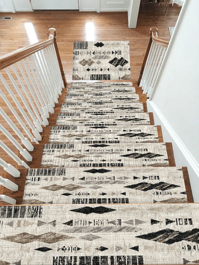 Cream and Black Abstract Ikat non-slip stair mat