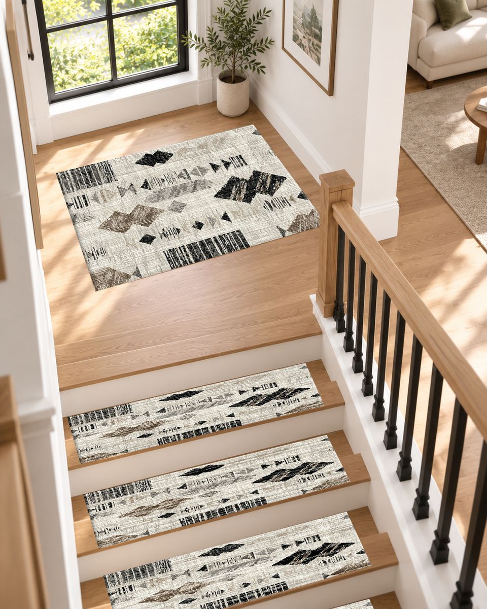 Cream and Black Abstract Ikat non-slip stair mat