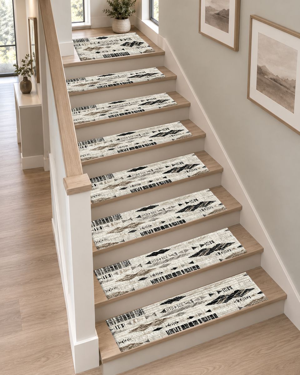 Cream and Black Abstract Ikat non-slip stair mat
