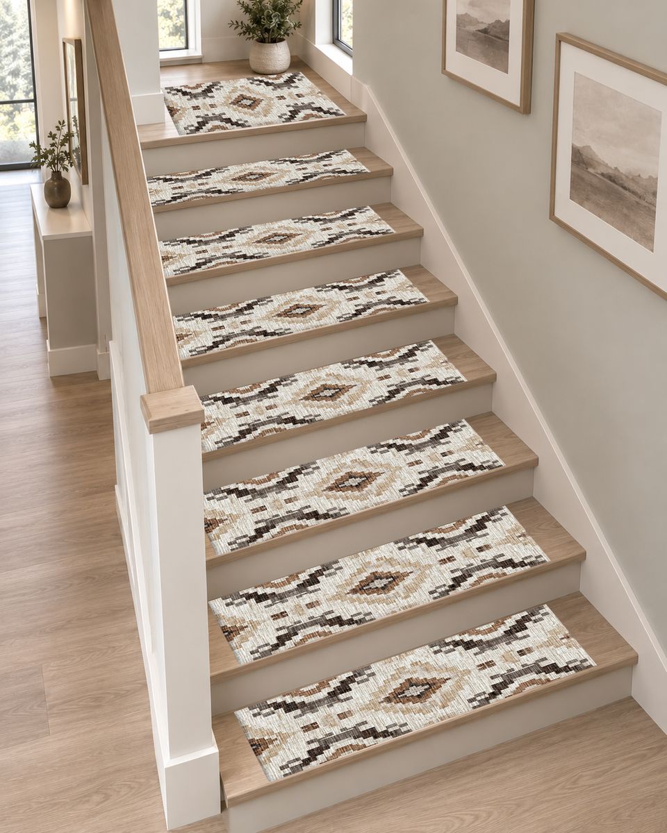 Cream and Brown Aztec Pattern non-slip stair mat
