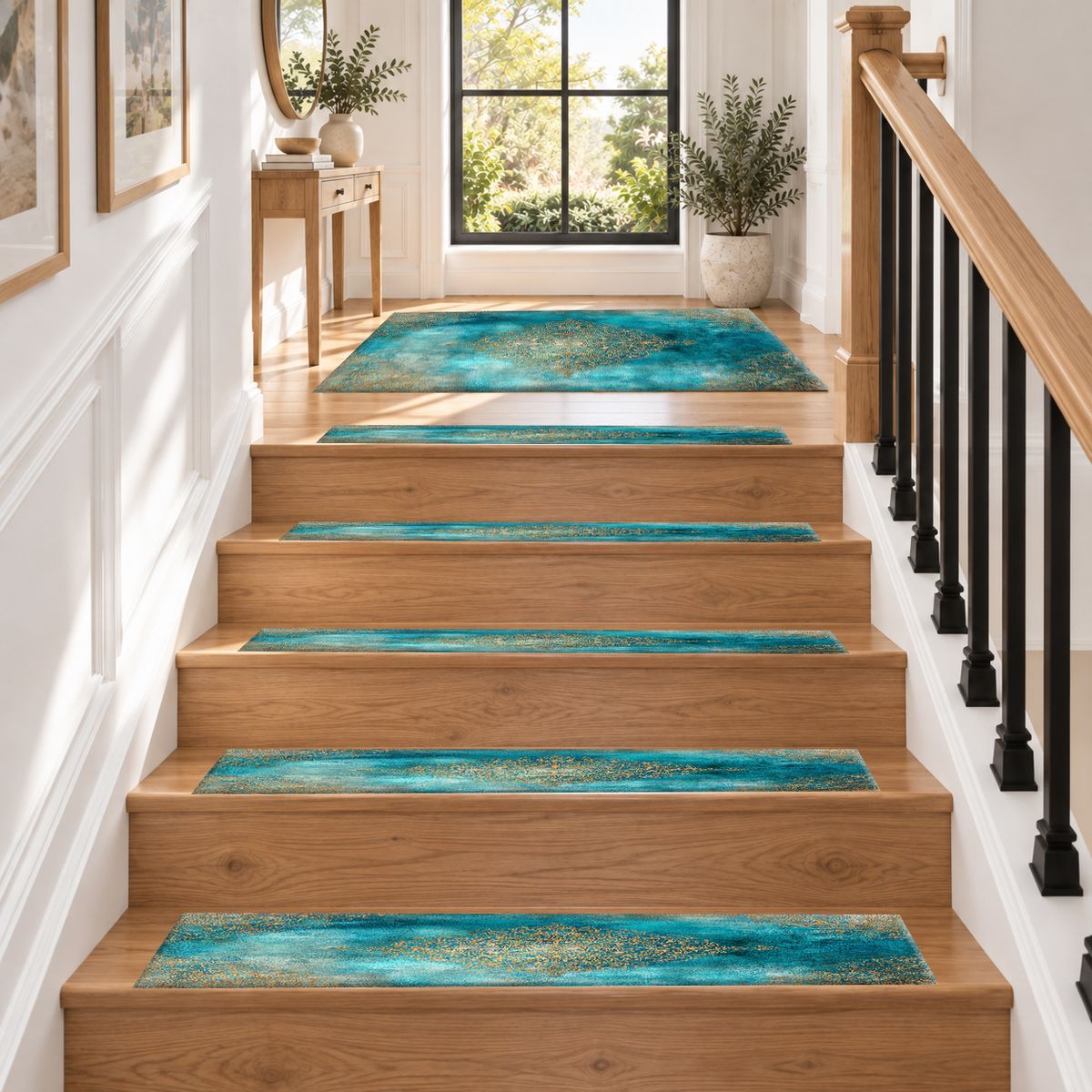 Turquoise Watercolor Gold Medallion non-slip stair mat