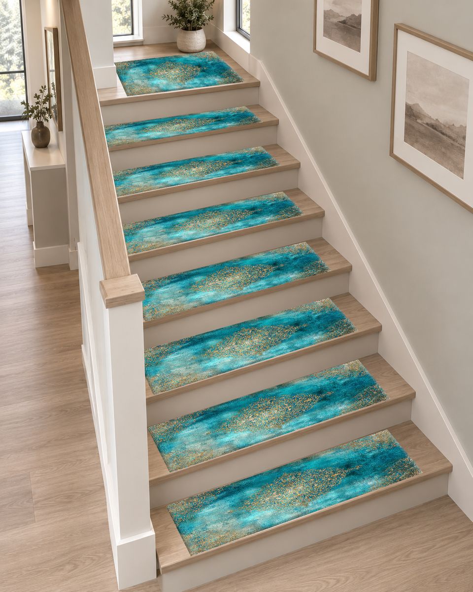 Turquoise Watercolor Gold Medallion non-slip stair mat