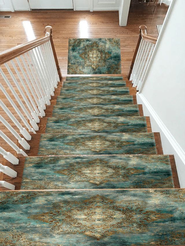 Teal and Gold Distressed Medallion non-slip stair mat