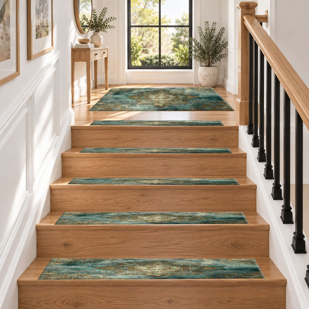 Teal and Gold Distressed Medallion non-slip stair mat