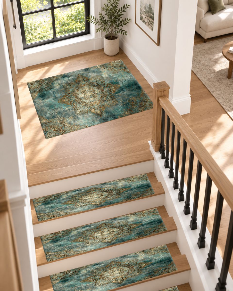 Teal and Gold Distressed Medallion non-slip stair mat