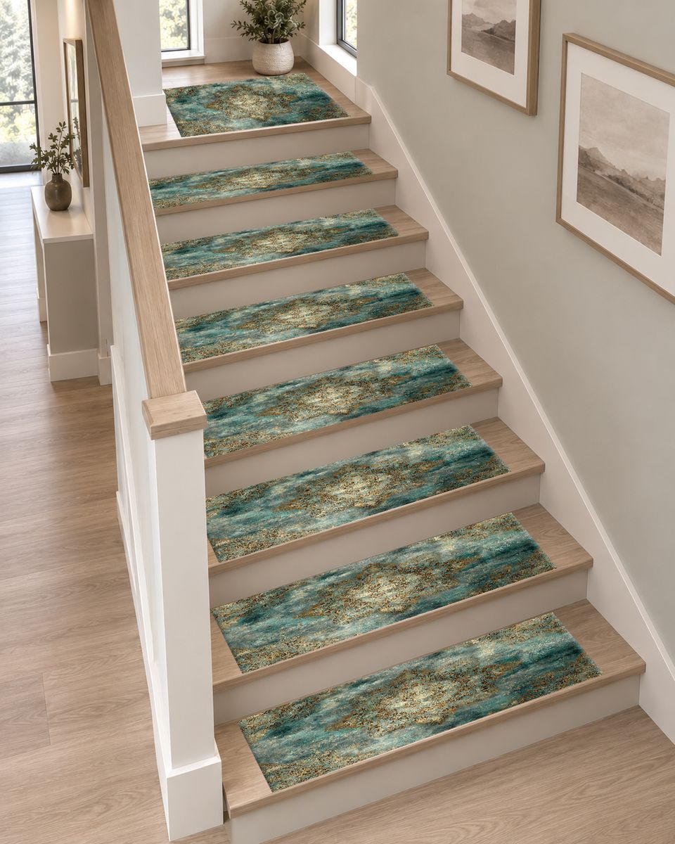 Teal and Gold Distressed Medallion non-slip stair mat
