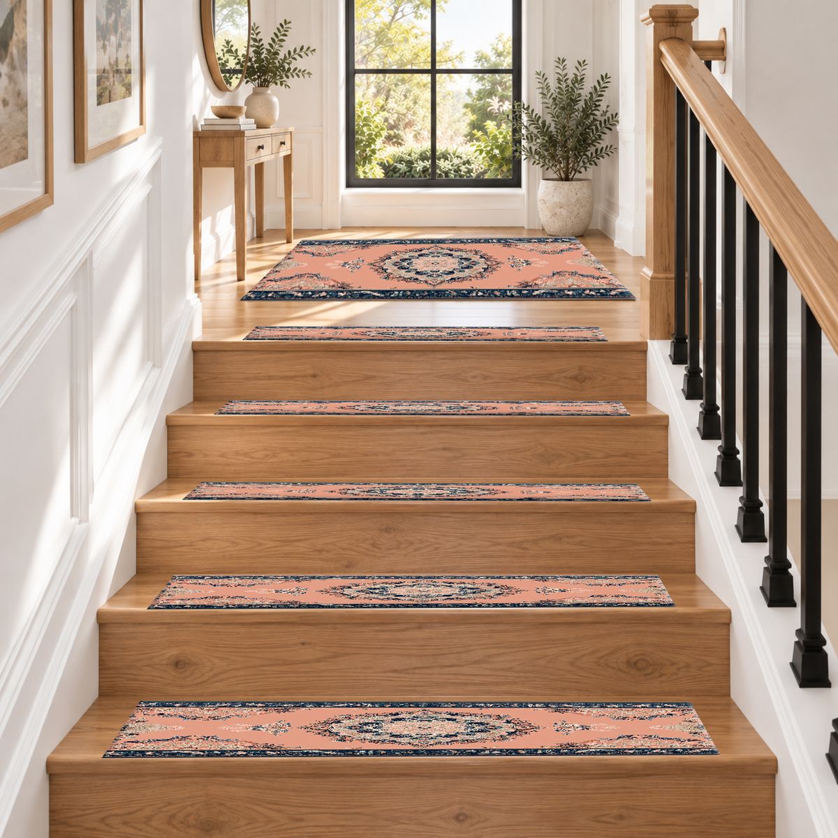 Peach and Navy Classic Medallion non-slip stair mat