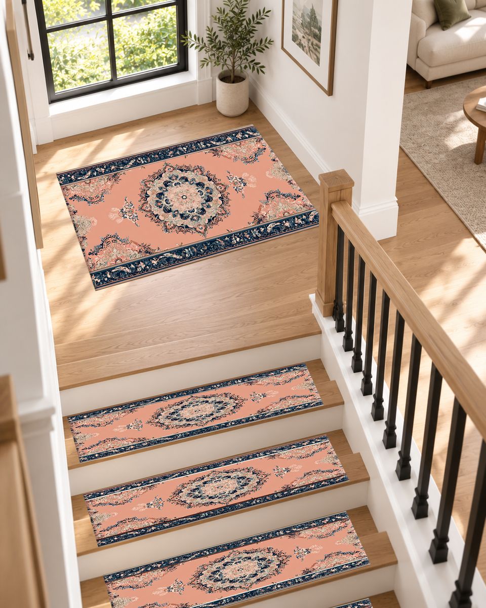 Peach and Navy Classic Medallion non-slip stair mat