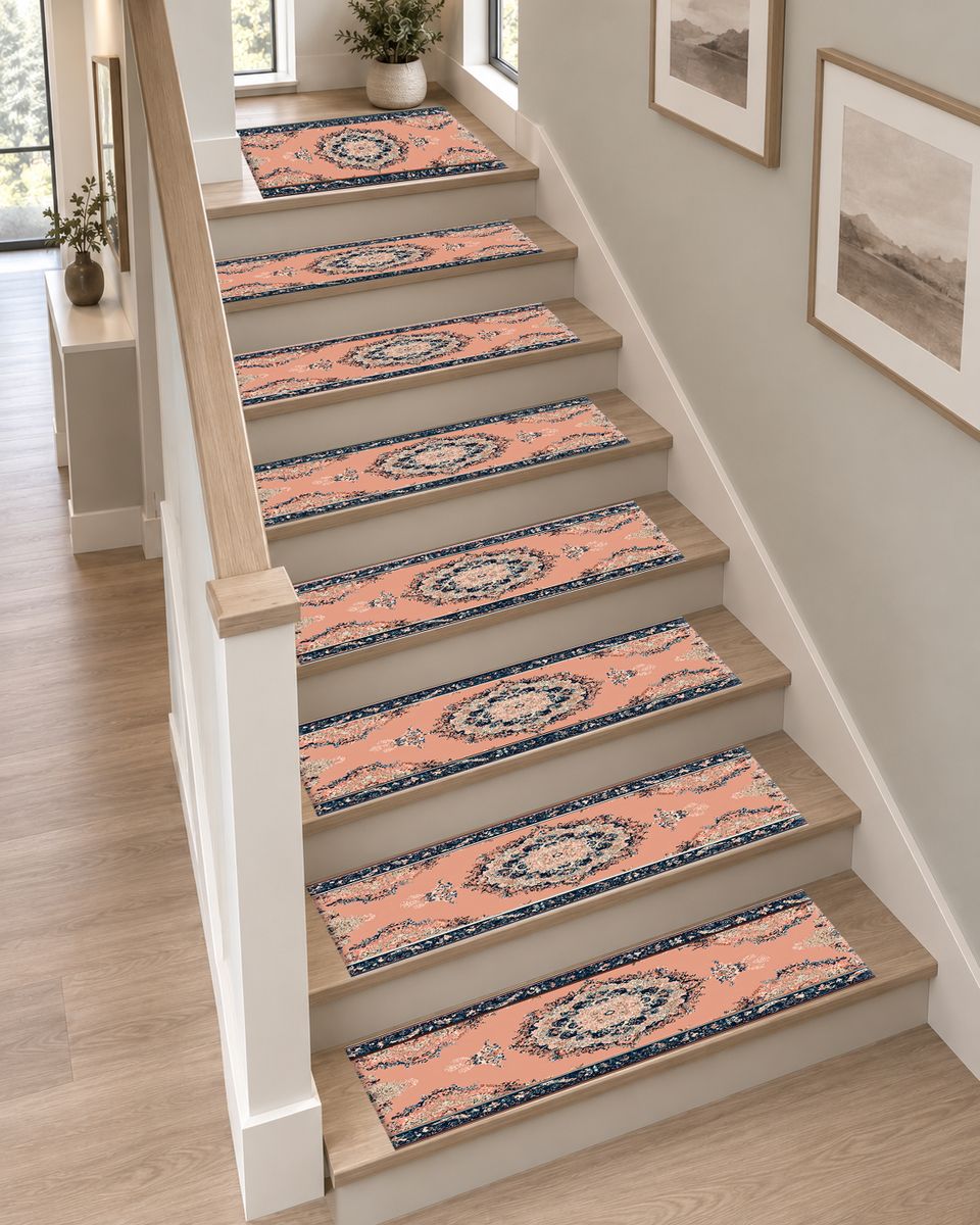 Peach and Navy Classic Medallion non-slip stair mat