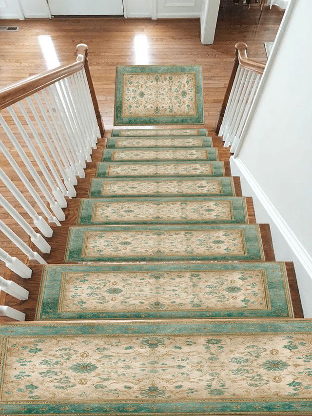 Sage and Cream Vintage Floral Oushak non-slip stair mat