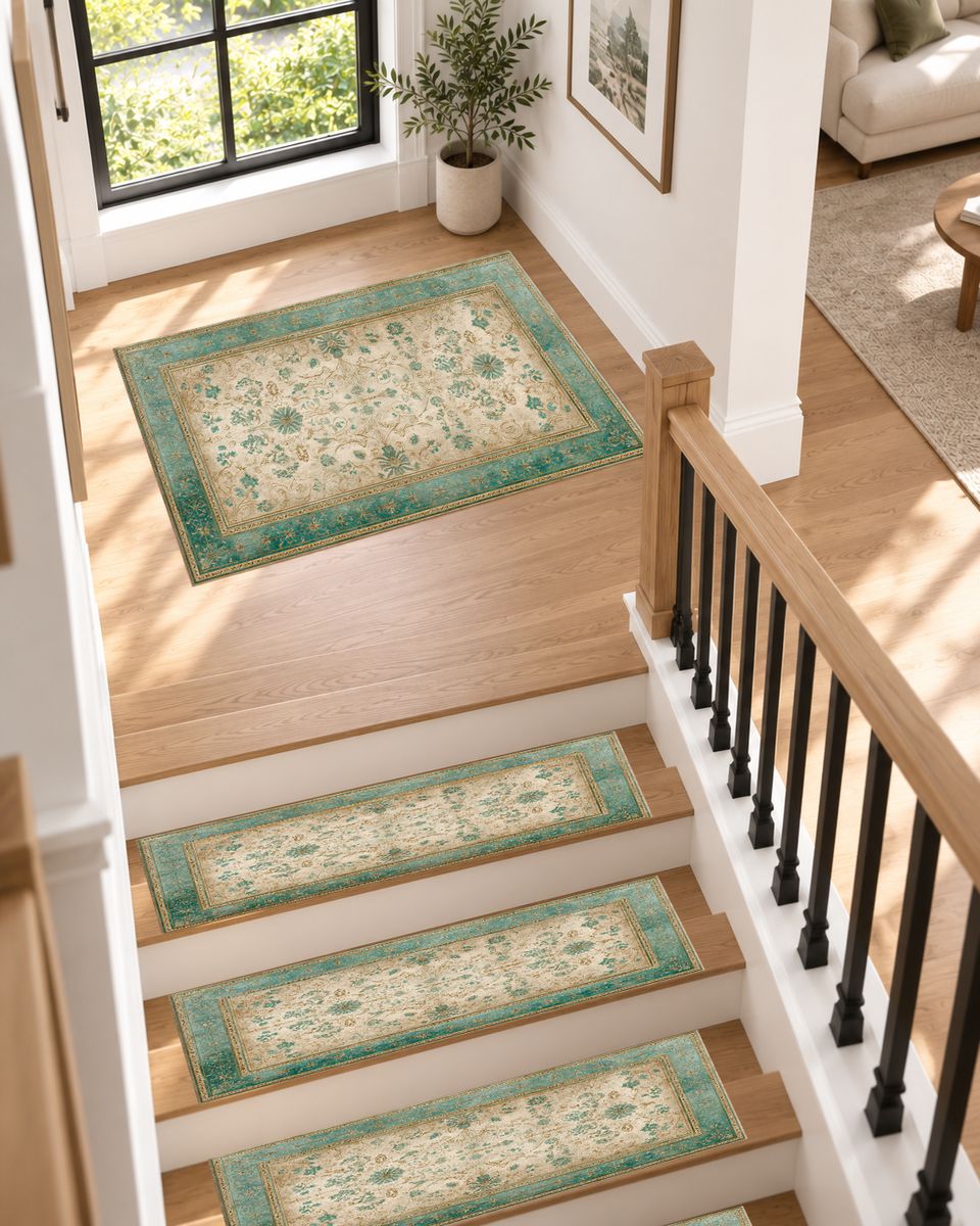 Sage and Cream Vintage Floral Oushak non-slip stair mat