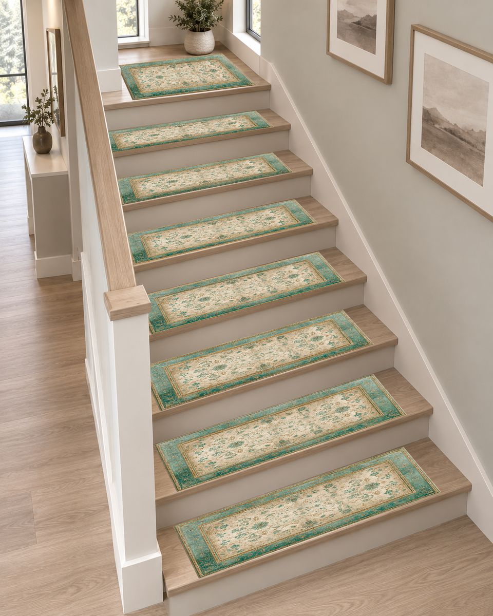 Sage and Cream Vintage Floral Oushak non-slip stair mat