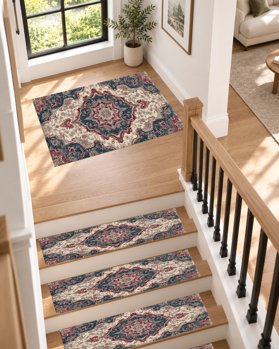 Ivory and Navy Floral Persian Medallion non-slip stair mat