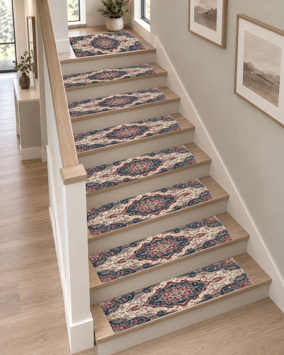 Ivory and Navy Floral Persian Medallion non-slip stair mat