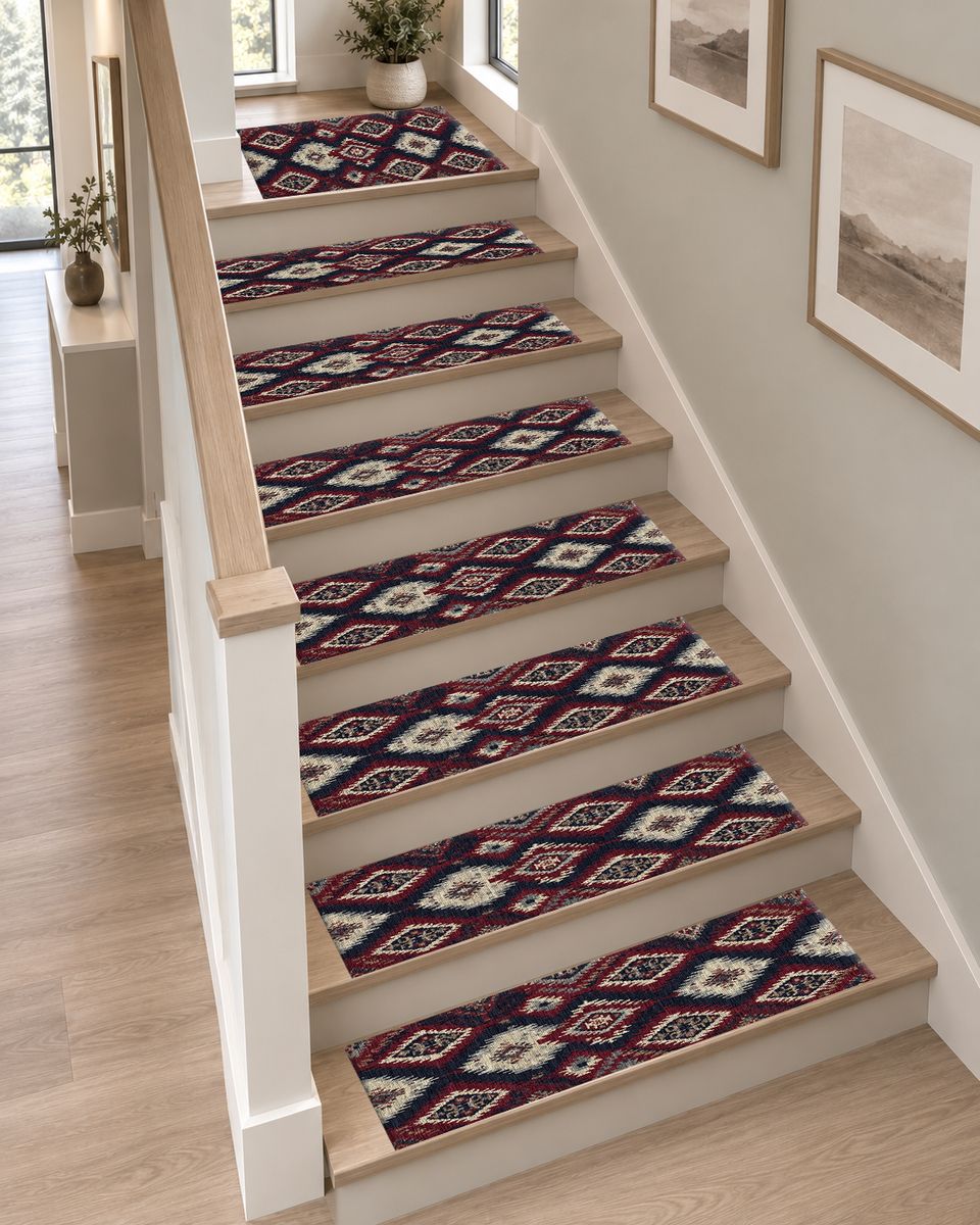 Red and Navy Tribal Diamond Kilim non-slip stair mat