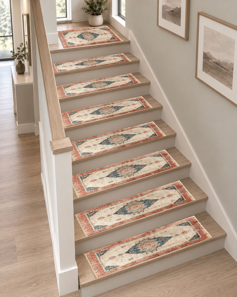 Faded Coral and Blue Vintage Distressed non-slip stair mat