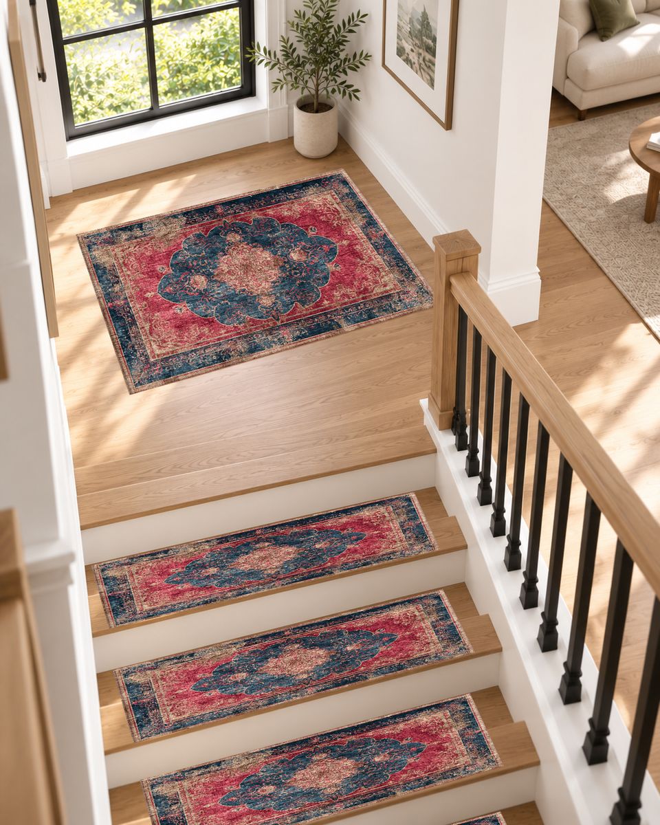 Faded Red and Navy Vintage Persian non-slip stair mat