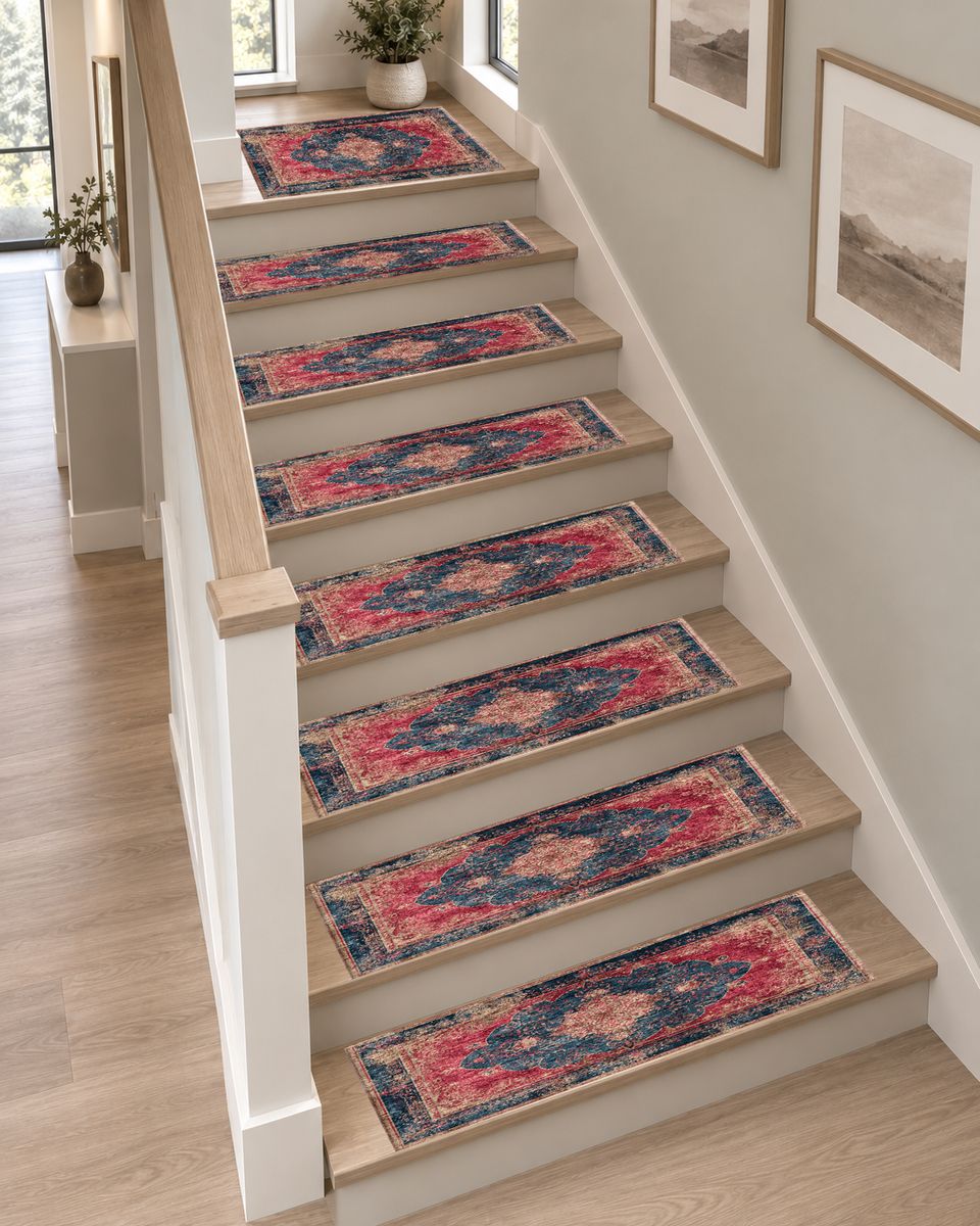 Faded Red and Navy Vintage Persian non-slip stair mat